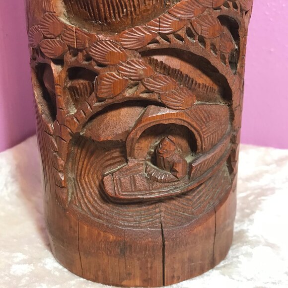 Vintage MCM Mid-Century Modern Wood Lamp * Hand Carved Fishing Water Boat Trees - Picture 6 of 13